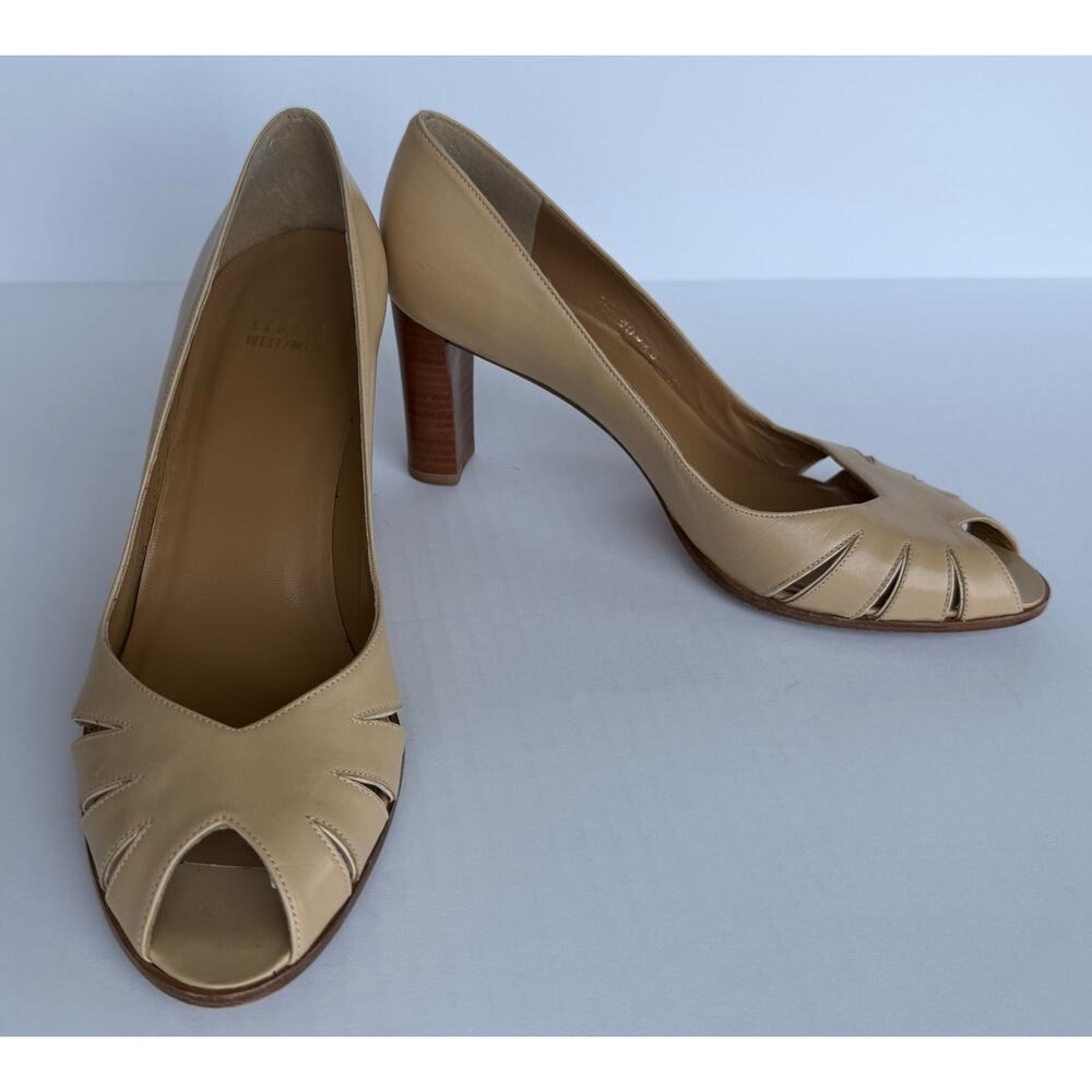 Stuart Weitzman Nude Beige Leather Peep Toe Pumps Stacked Heel 8.5 M
